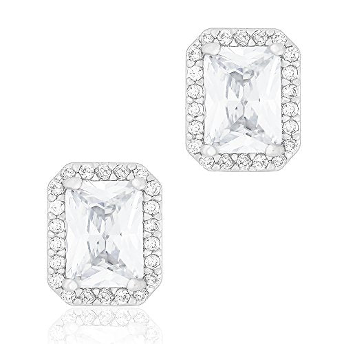 ORROUS & CO Women's 18K White Gold Plated Cubic Zirconia Emerald Cut Halo Stud Earrings (1.65 carats)