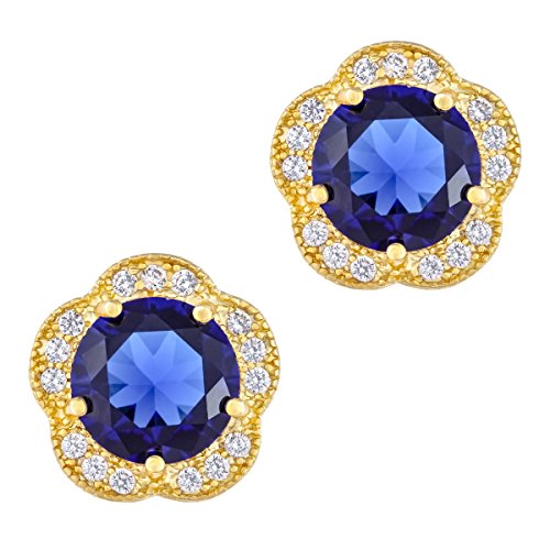 ORROUS & CO Women's 18K Yellow Gold Plated Cubic Zirconia Flower Halo Stud Earrings (2.30 carats) - Sapphire