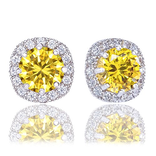 ORROUS & CO Women's 18K White Gold Plated Cubic Zirconia Cushion Shape Halo Stud Earrings (1.90 carats) - Citrine