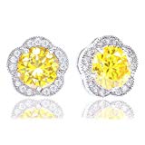 ORROUS & CO Women's 18K White Gold Plated Cubic Zirconia Flower Halo Stud Earrings (2.30 carats) - Citrine