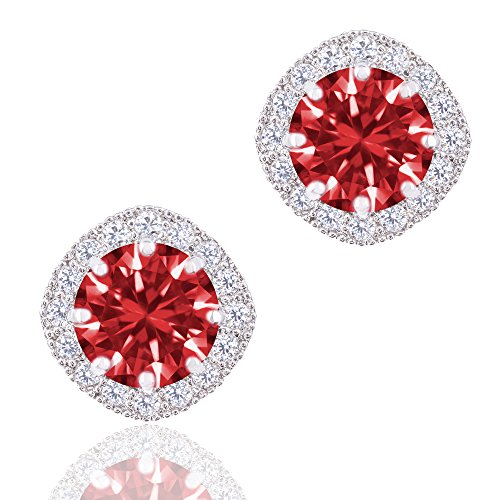 ORROUS & CO Women's 18K White Gold Plated Cubic Zirconia Cushion Shape Halo Stud Earrings (1.90 carats) - Ruby